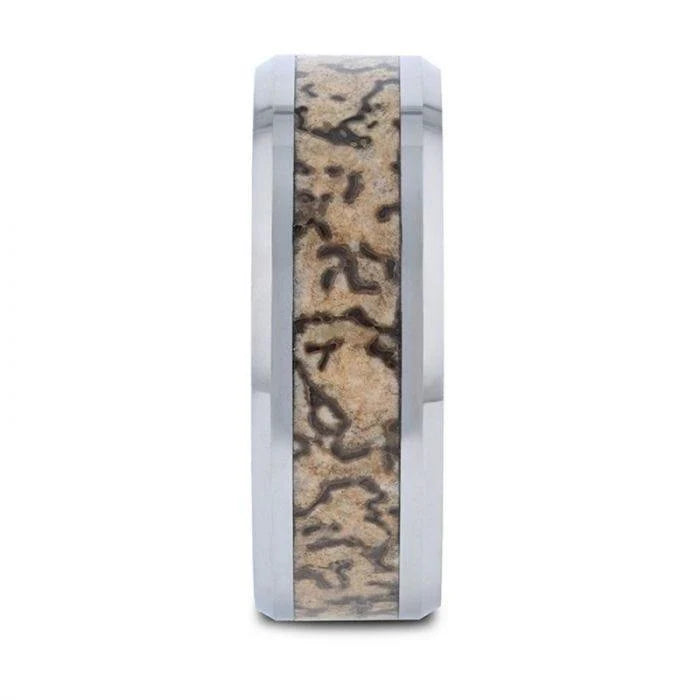 Ordovocian Dinosaur Bone Inlaid Tungsten Carbide Beveled Edged Ring 8mm