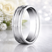 Cast Satin-Finished 10K White Gold Wedding Band with Polished Grooves 6mm