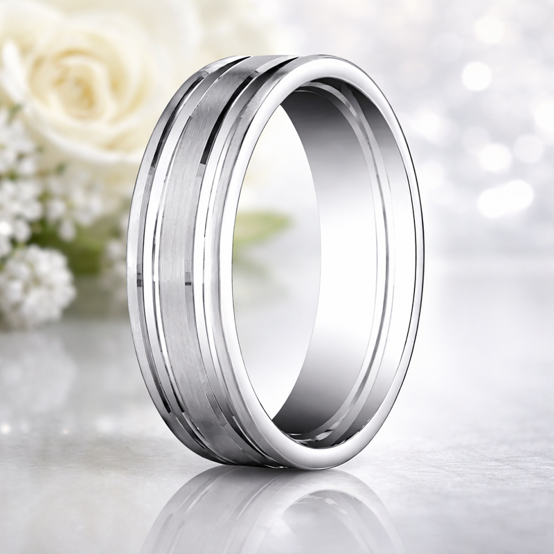 Cast Satin-Finished 10K White Gold Wedding Band with Polished Grooves 6mm
