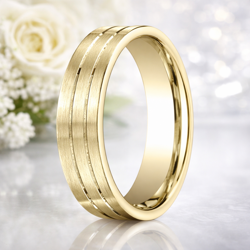 Cast Satin-Finished 10K Yellow Gold Wedding Ring with Polished Grooves 6mm