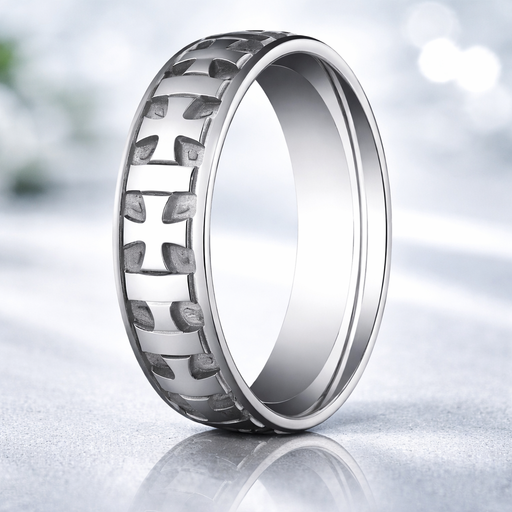 Crossing 6mm Carved Crosses Polished 18K White Gold Wedding Band 6mm