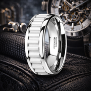 Cutlass Tungsten Carbide Wedding Band with Gear Teeth Inlay & Polished Edges 9mm