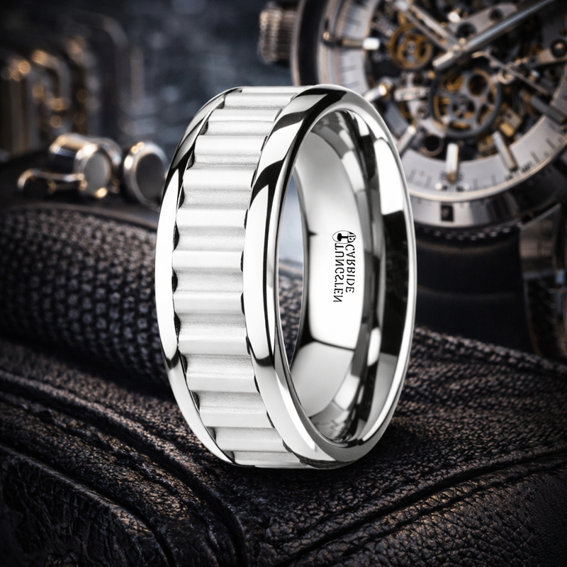Cutlass Tungsten Carbide Wedding Band with Gear Teeth Inlay & Polished Edges 9mm