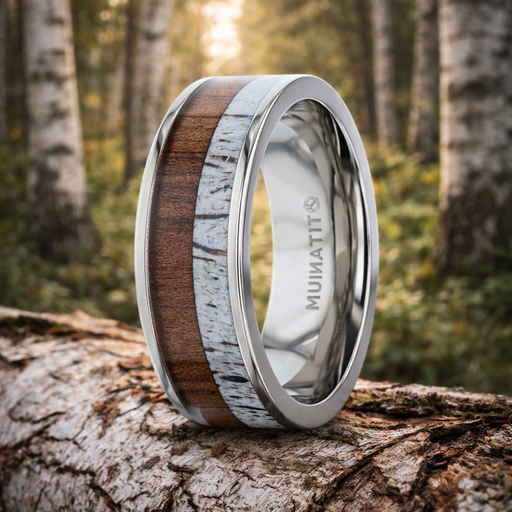 Darby Titanium Polished Finish Flat Men's Ring With Deer Antler Black Walnut Inlay 8mm
