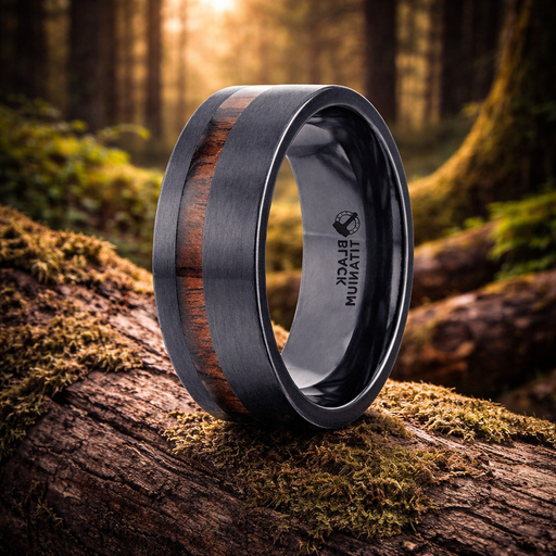 Daring Off-Set Koa Wood Inlaid Black Titanium Men's Ring Flat Polished Finish 8mm