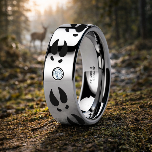 Deer Print Animal Track Engraved Flat Tungsten Diamond Ring 6mm or 8mm