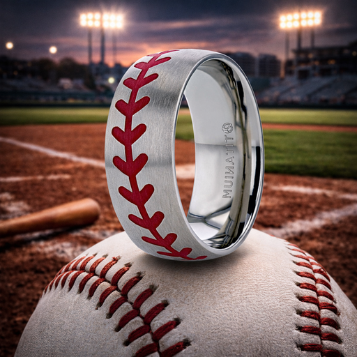 Dimaggio Titanium Brushed Finish Ring with Red Baseball Stitching Pattern 8mm