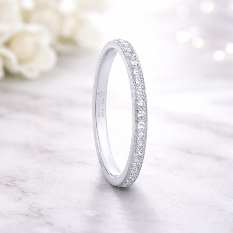 The Emilia Flat Polished Titanium Women's Eternity Wedding Ring  White Diamonds - 2mm