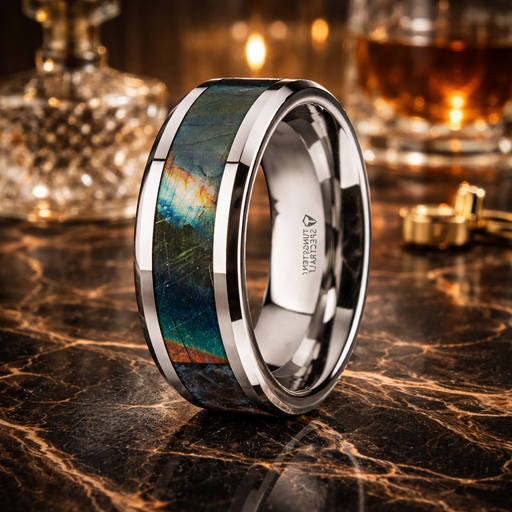 Essence Men's Beveled Tungsten Carbide Wedding Ring Spectrolite Inlay  8mm