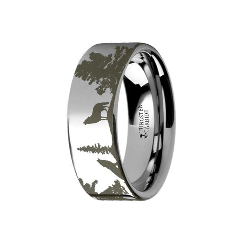 The Outdoors Landscape Scene Wolf Wolves Engraved Flat Tungsten Ring- 6mm or 8mm Forged Union
