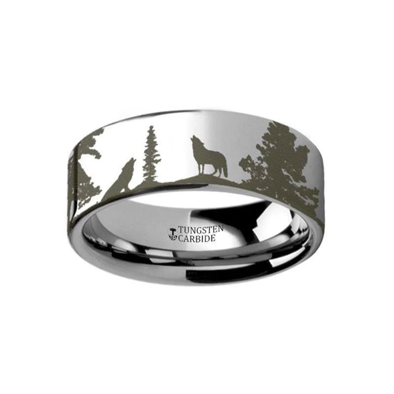 The Outdoors Landscape Scene Wolf Wolves Engraved Flat Tungsten Ring- 6mm or 8mm Forged Union