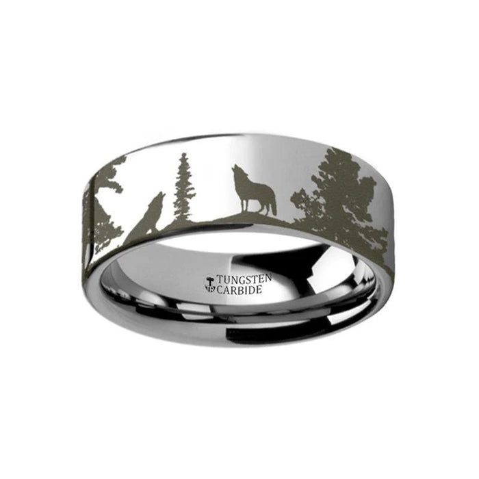 The Outdoors Landscape Scene Wolf Wolves Engraved Flat Tungsten Ring- 6mm or 8mm