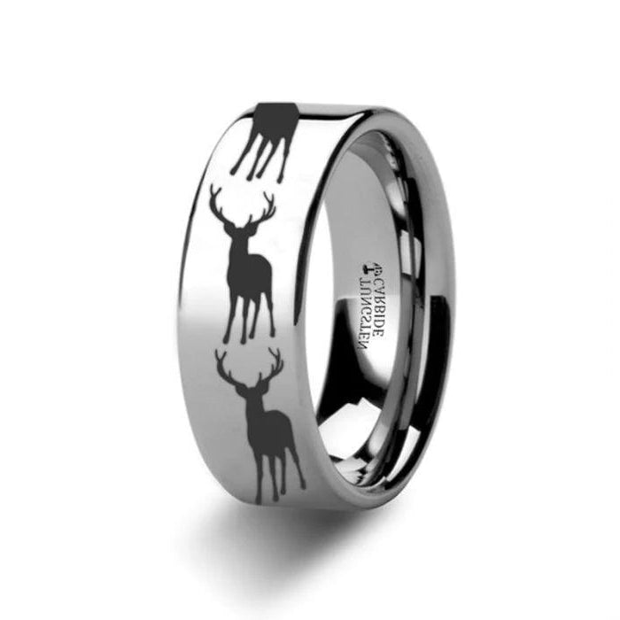 The Stag Print Engraved Flat Tungsten Ring - 6mm or 8mm Forged Union