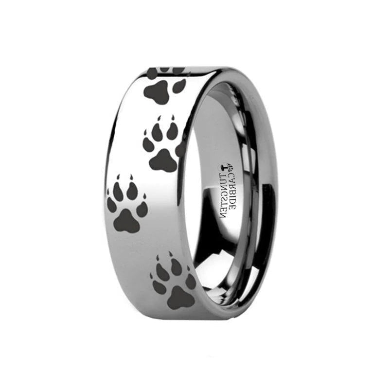 The Animal Track Wolf Print Ring Engraved Flat Tungsten Polished- 6mm or 8mm Forged Union