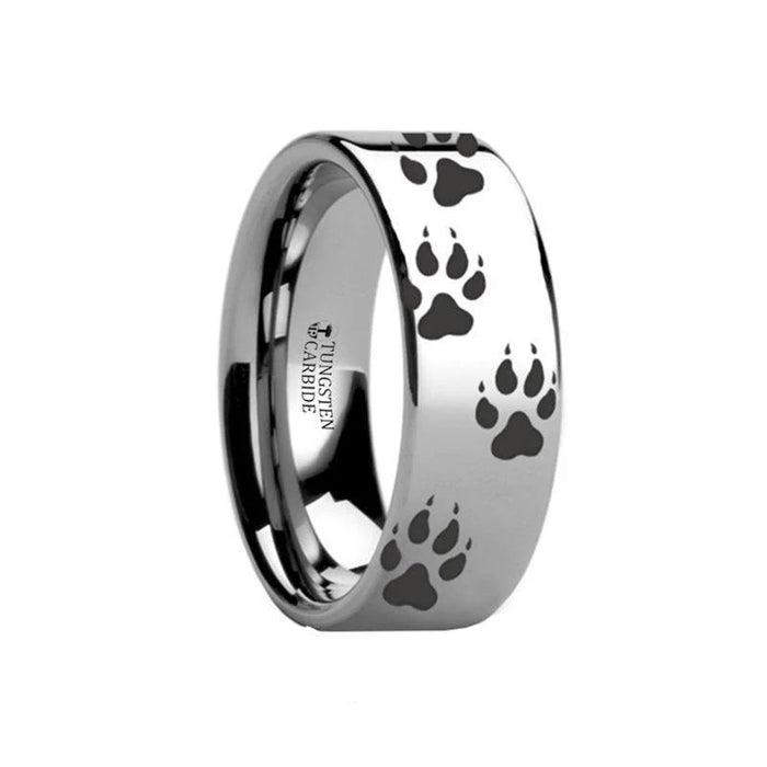 Animal Track Wolf Print Ring Engraved Flat Tungsten Polished- 6mm or 8mm