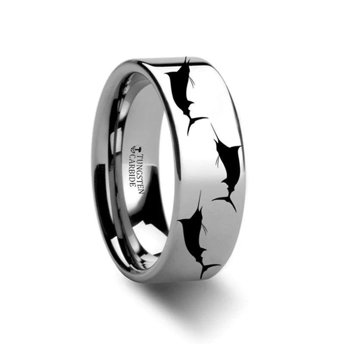 Marlin Fish Sea Print Pattern Engraved Flat Tungsten Ring - 6mm or 8mm