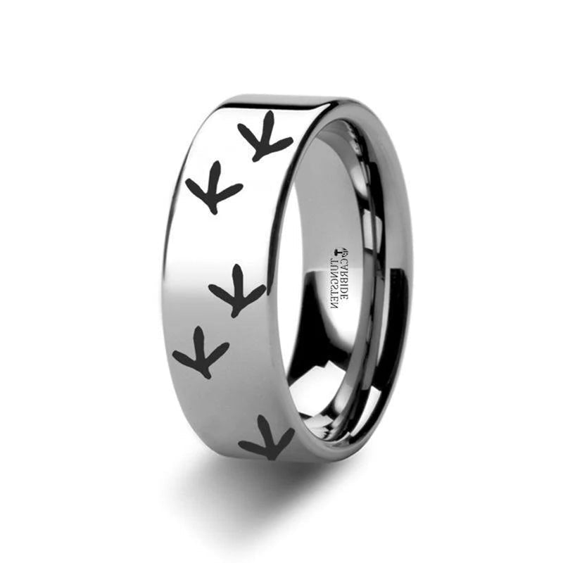 The Quail Bird Track Print Engraved Flat Tungsten Ring - 6mm or 8mm Forged Union