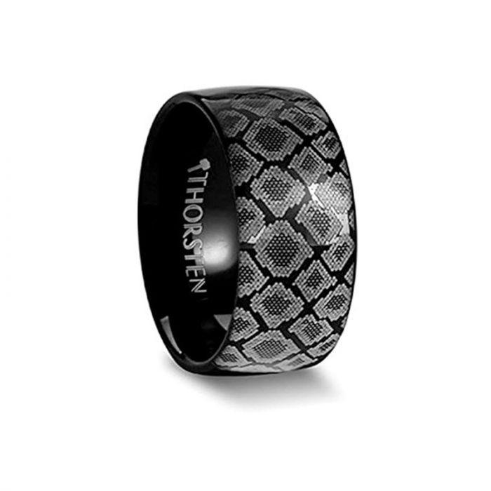 Snake Scales Print Engraved Flat Black Tungsten Ring Polished- 6mm or 8mm