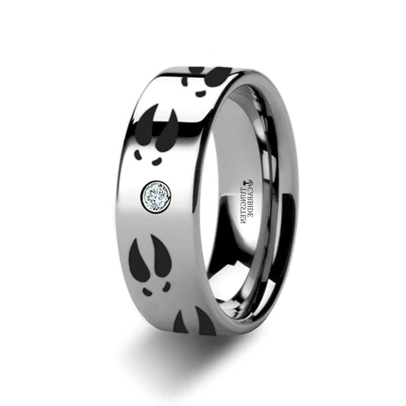 The Deer Print Animal Track Engraved Flat Tungsten Diamond Ring - 6mm or 8mm Forged Union