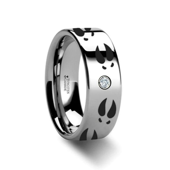 Deer Print Animal Track Engraved Flat Tungsten Diamond Ring - 6mm or 8mm