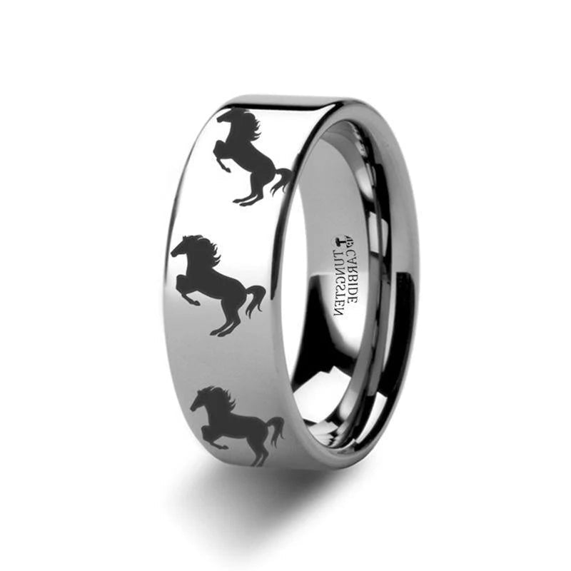 The Horse Rearing Print Engraved Flat Tungsten Ring - 6mm or 8mm Forged Union