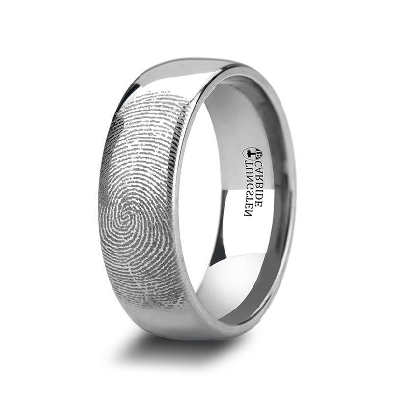 The Dominus Fingerprint Engraved Domed Tungsten Ring Polished 4mm or 8mm Forged Union