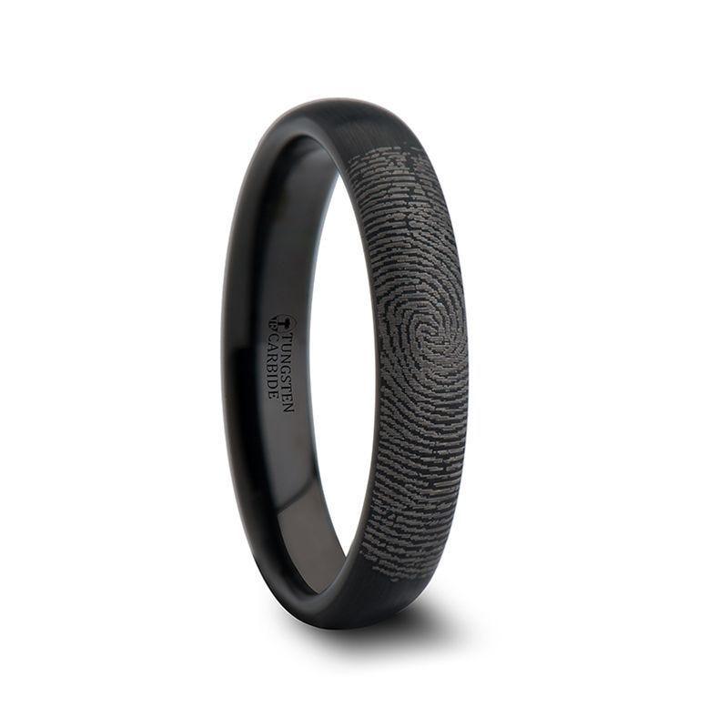 The Raider Fingerprint Engraved Domed Black Tungsten Ring Brushed Finish  4mm or 8mm Forged Union