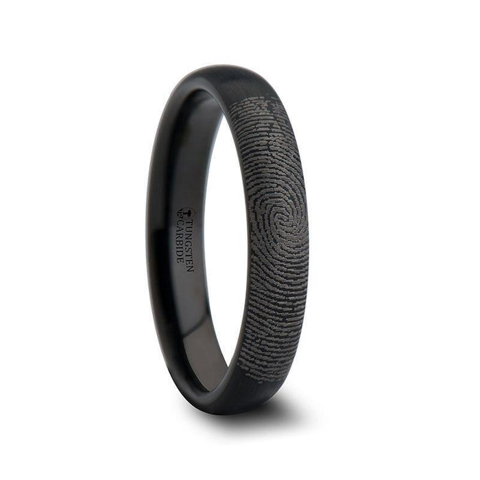 RAIDER Fingerprint Engraved Domed Black Tungsten Ring Brushed Finish  4mm or 8mm