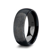 The Raider Fingerprint Engraved Domed Black Tungsten Ring Brushed Finish  4mm or 8mm Forged Union