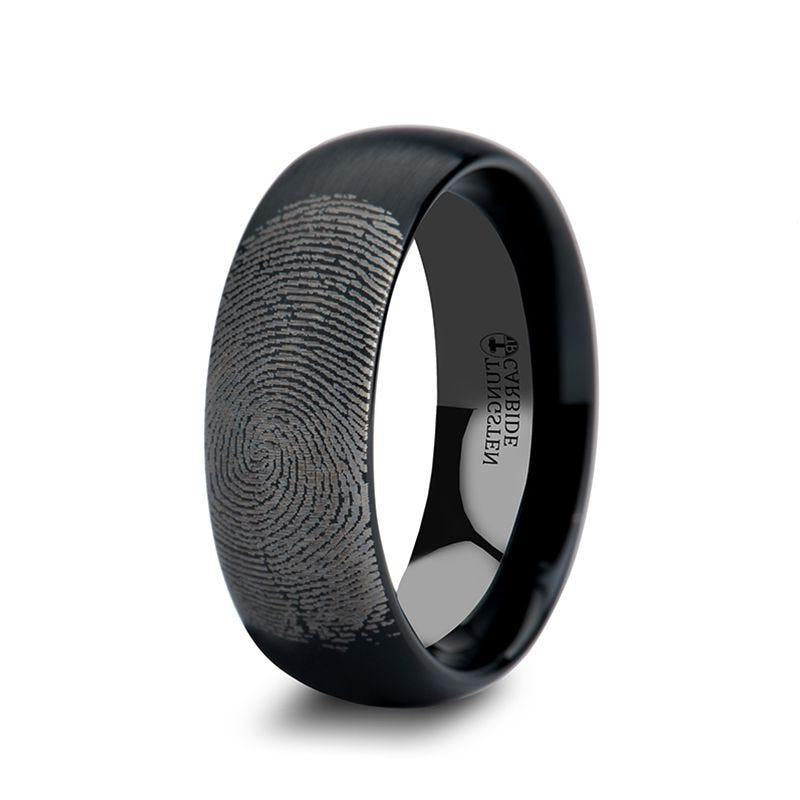 The Raider Fingerprint Engraved Domed Black Tungsten Ring Brushed Finish  4mm or 8mm Forged Union