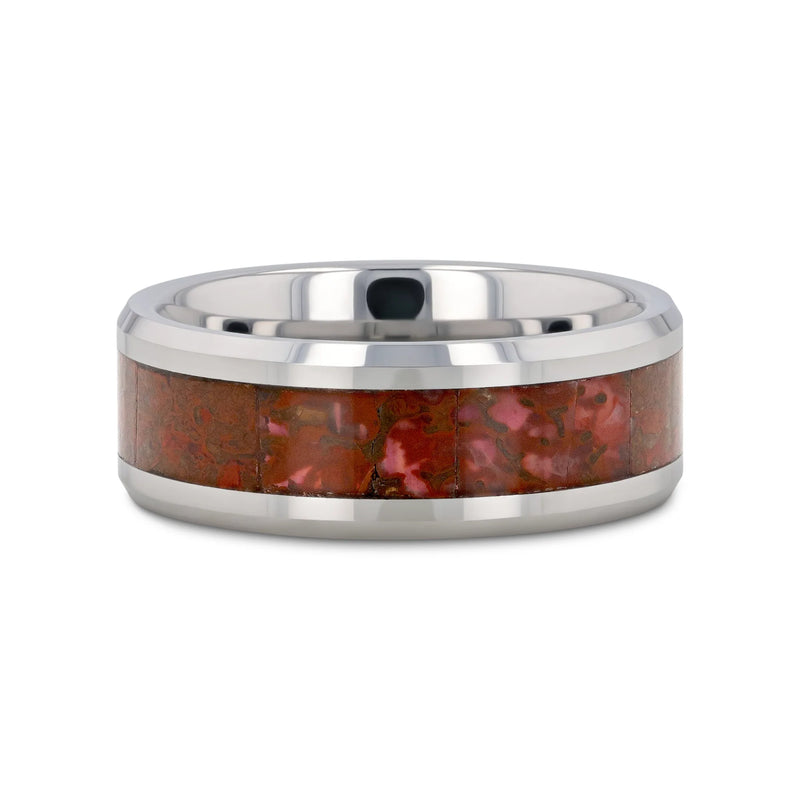 Jurrasic Red Dinosaur Bone Inlaid Tungsten Carbide Beveled Edged Ring 8mm