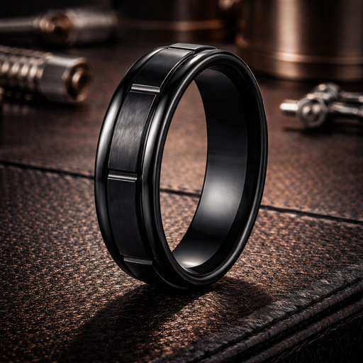  Forge Black Titanium Ring with Satin Finish and Polished Grooves 6mm