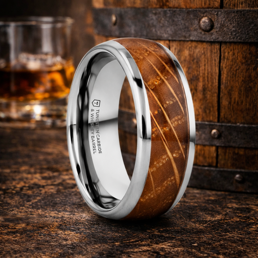 Forment Geniune Whiskey Barrel Inlaid Tungsten Men's Wedding Band Polished Edges 8mm