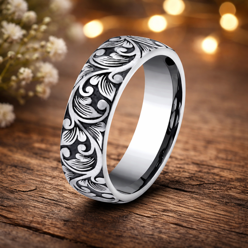 The Forum 14K White Gold Roman Script Designed Ring 6mm