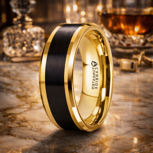 Gaston Men's Gold Plated Tungsten Polished Beveled Ring Brushed Black Center  8mm