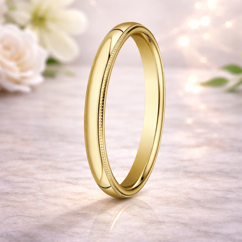Glint 10K Yellow Gold Wedding Band with Domed Milgrain Polished Finish 3mm