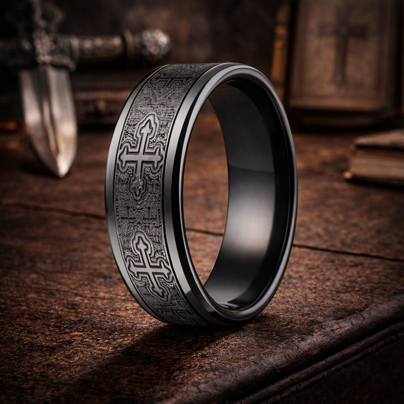 Grav Black Titanium Cathedral Cross Ring 9mm