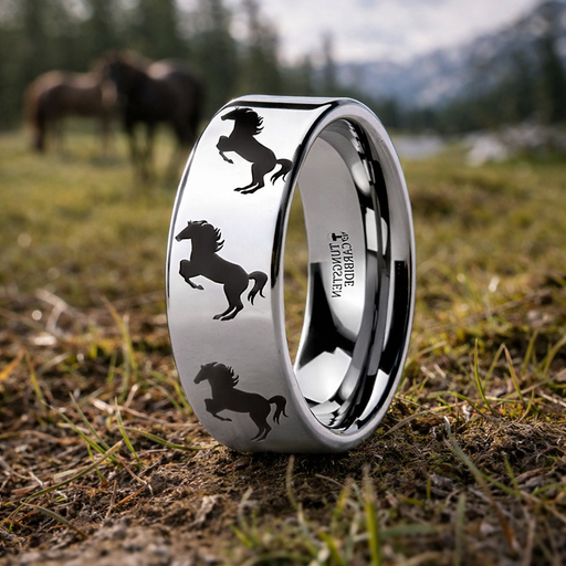 Horse Rearing Print Engraved Flat Tungsten Ring  6mm or 8mm