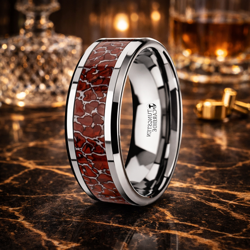 Jurrasic Red Dinosaur Bone Inlaid Tungsten Carbide Beveled Edged Ring 8mm