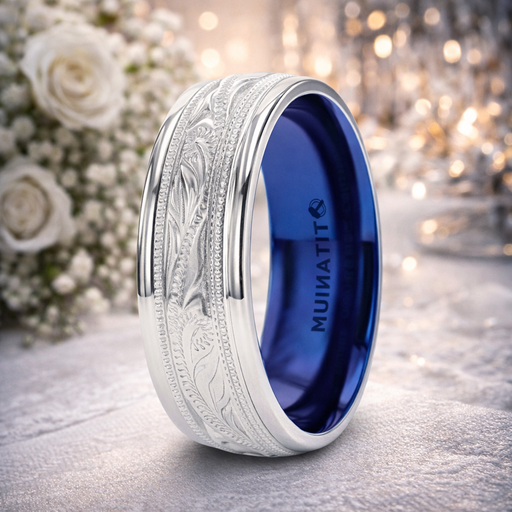 Mariner Titanium Milgrain Engraved Finish Men 's Ring with Blue Plating Inside 8mm