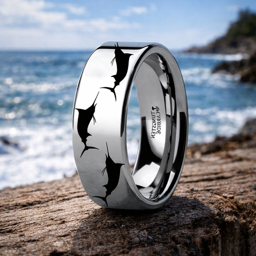 Marlin Fish Sea Print Pattern Engraved Flat Tungsten Ring 6mm or 8mm