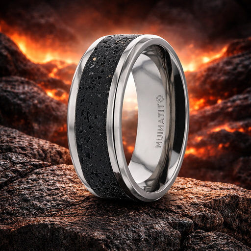 Mauna Black And Gray Lava Inlaid Titanium Men's Ring Polished Beveled Edges 8mm