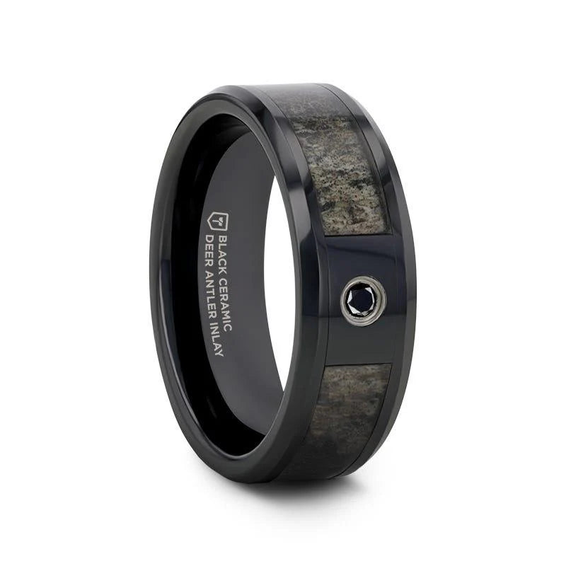 Montana Black Ceramic Ombre Deer Antler Inlay Polished Black Diamond Center RIng 8mm