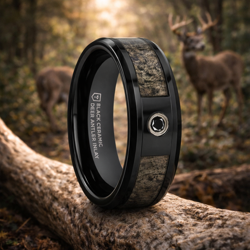 Montana Black Ceramic Ombre Deer Antler Inlay Polished Black Diamond Center RIng 8mm