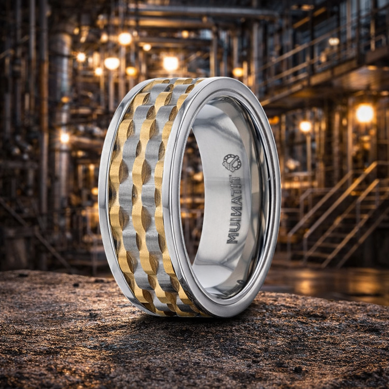 Montrose Wavy Gold And Gunmetal Texture Pattern Inlaid Titanium Ring 8mm
