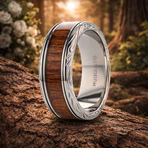 The Ohana Koa Wood Inlaid Titanium Men’s Wedding Ring with Intricate Edges 8mm