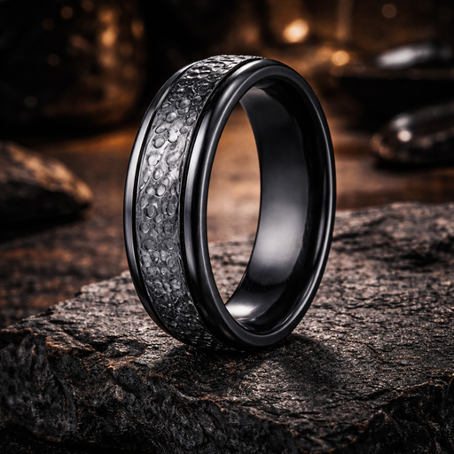 Onyx Black Titanium Ring with Hammered Finish  7mm
