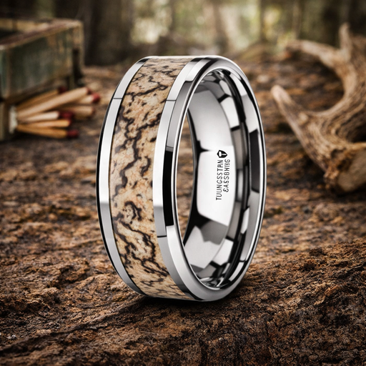 Ordovocian Dinosaur Bone Inlaid Tungsten Carbide Beveled Edged Ring 8mm