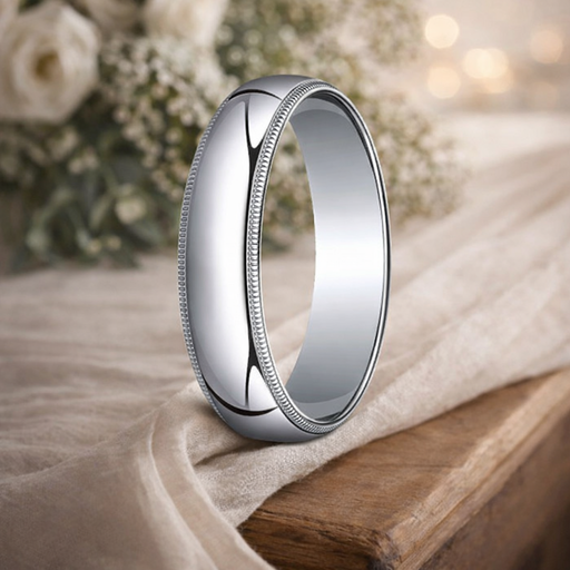 10K White Gold Wedding Band with Domed Milgrain Polished Finish 
