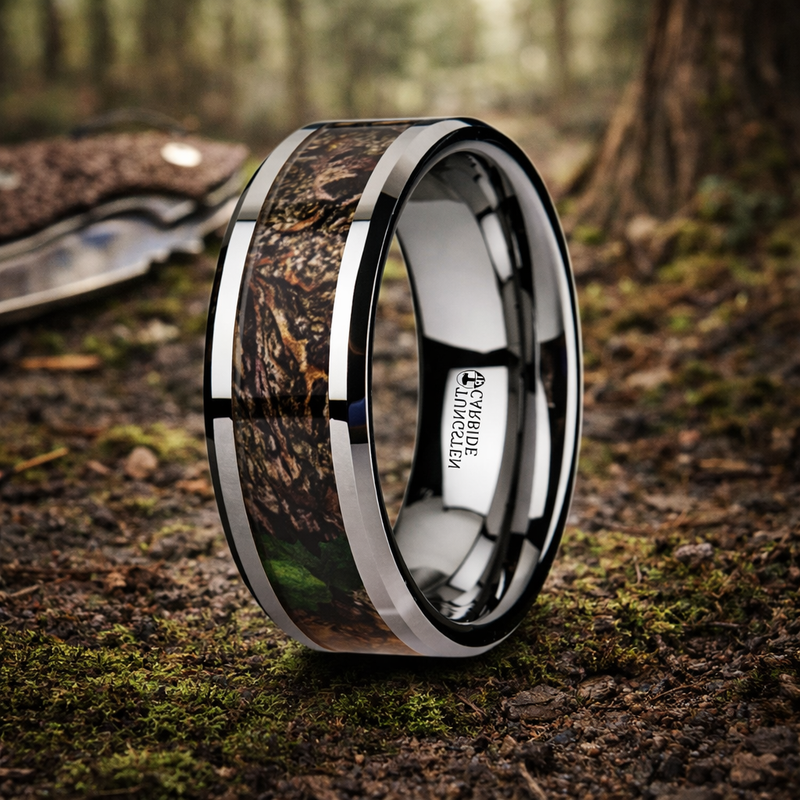 Overgrowth Realistic Tree Camo Tungsten Carbide Wedding Band with Green Leaves 8mm